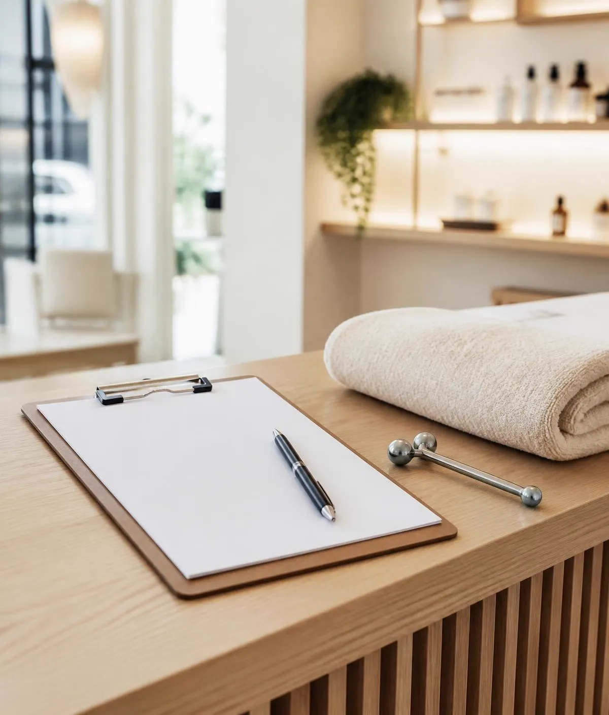 Intake clipboard, towel and a mobility tool on the studio front desk