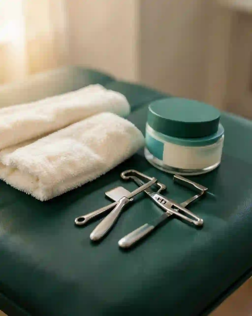 Soft tissue therapy tools, towel and balm jar on a treatment table