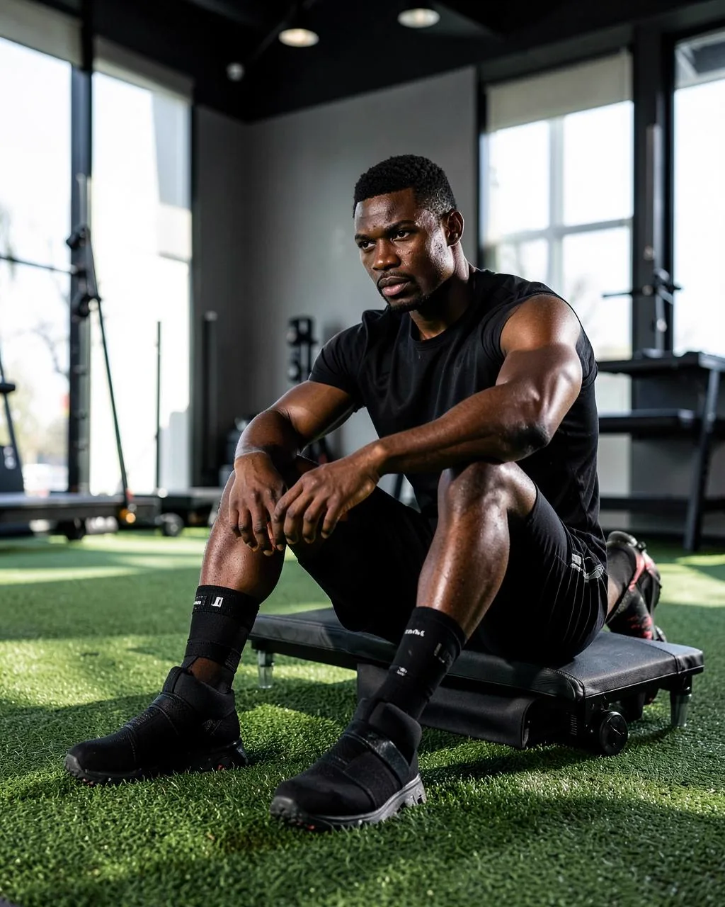 Athlete resting in recovery boots inside a training studio