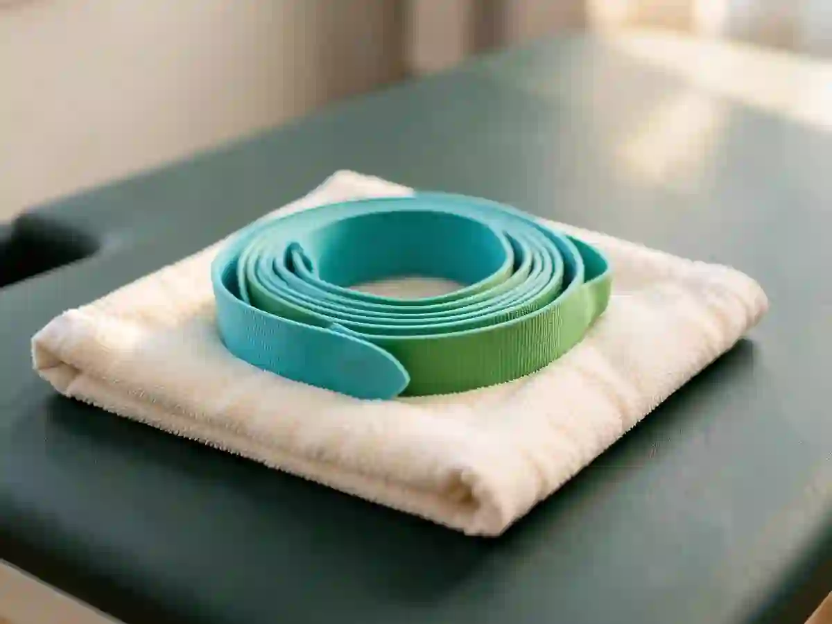 Turquoise stretch strap and green resistance band on a folded towel