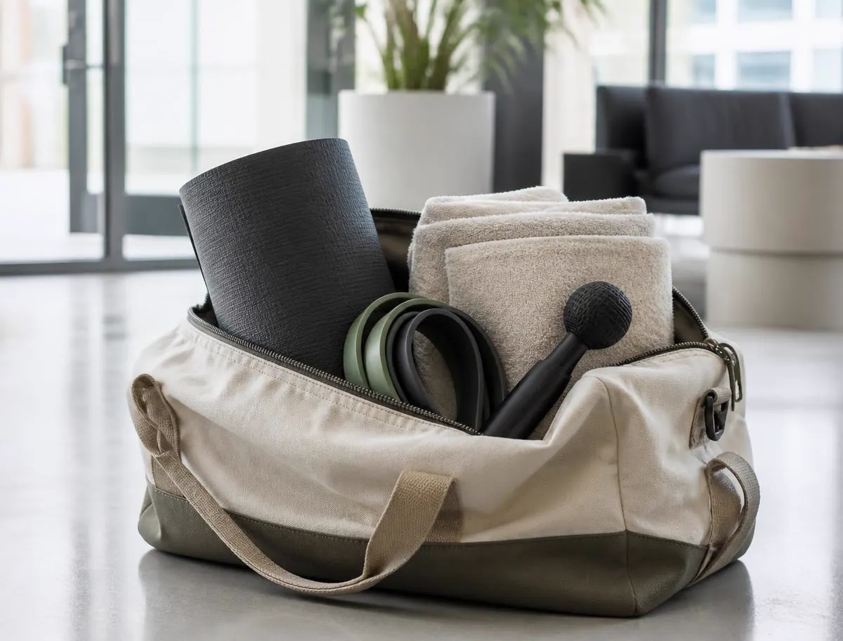 Portable mobile stretch kit packed in a duffel bag in an office lobby