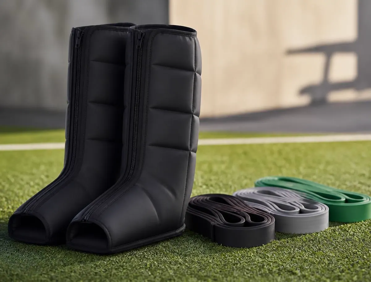 Compression recovery boots and resistance bands on turf flooring