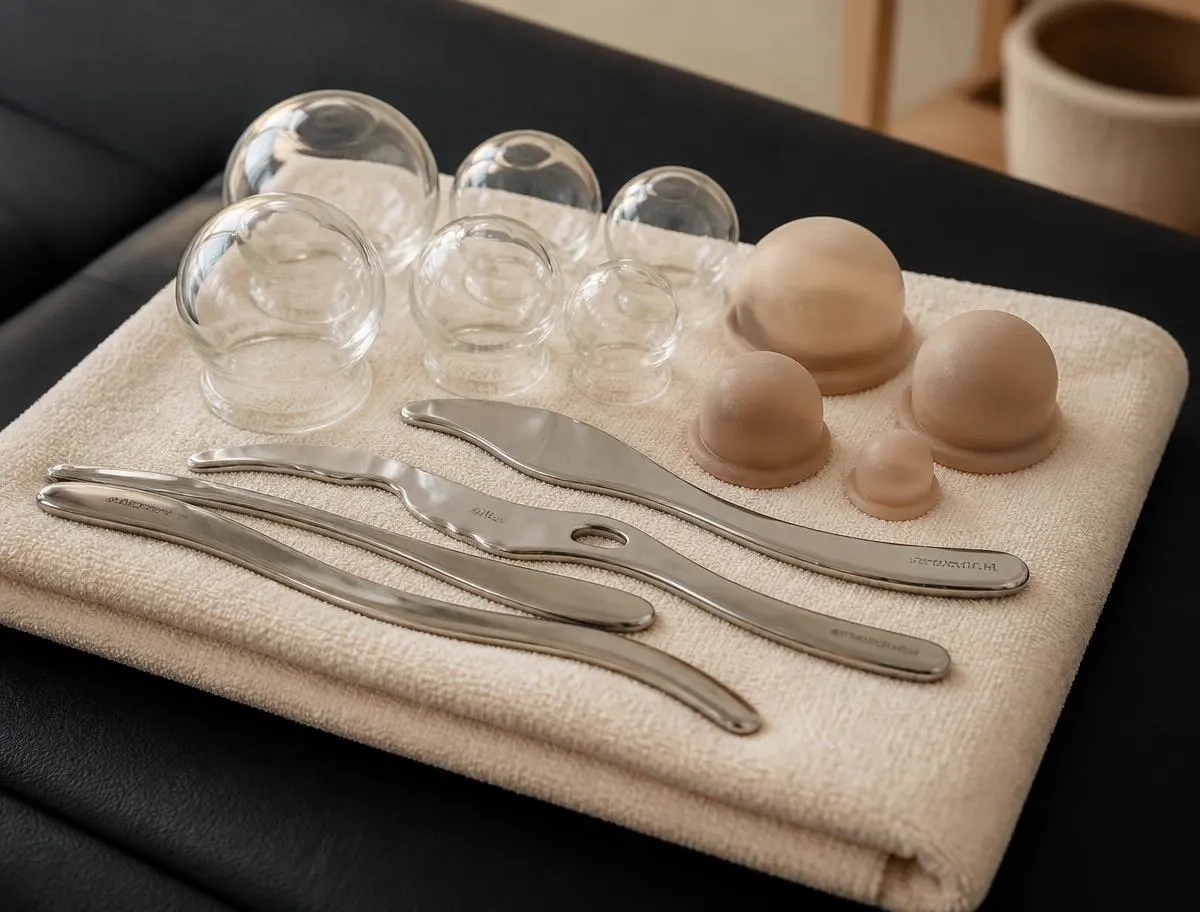 Soft tissue tools and a cupping set laid out on a treatment table