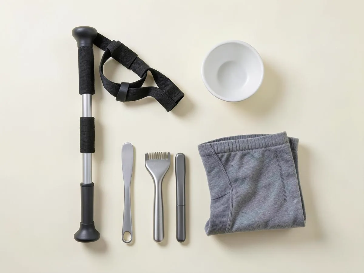 Mobility stick, cupping cup, soft tissue tools, and compression sleeve laid out