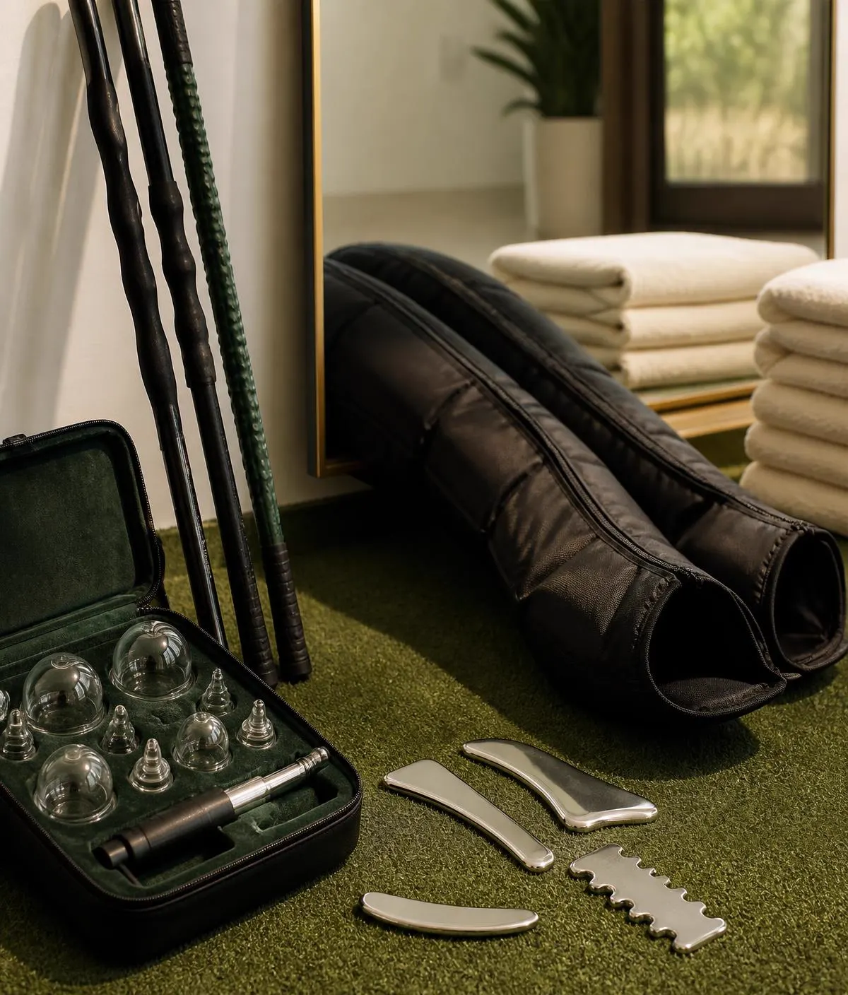Mobility sticks, cupping set, soft tissue tools and towels arranged on studio turf